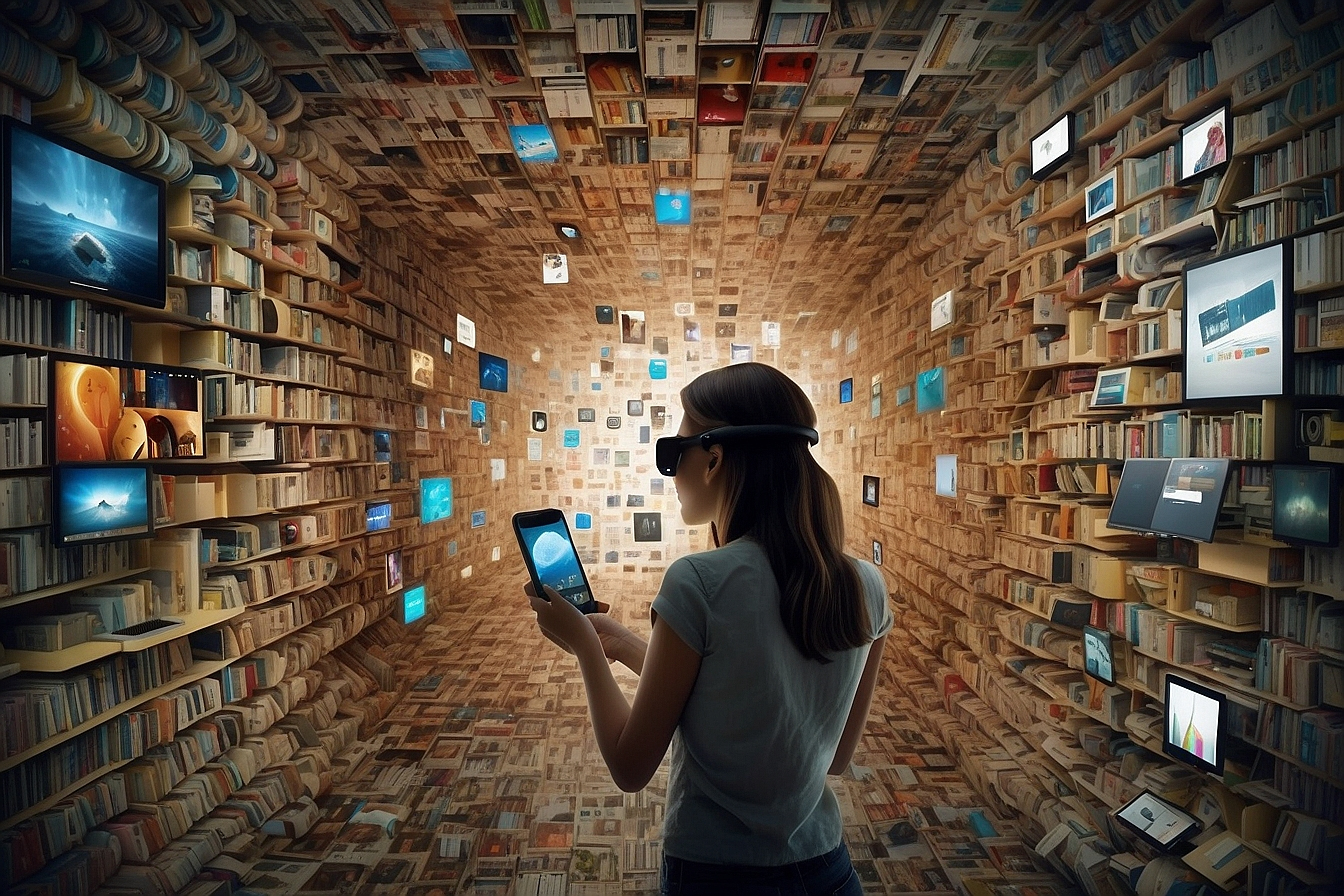 Frau mit VR-Brille in virtueller Bibliothek; IT-Forensik Wiesbaden, IT-Sicherheit Wiesbaden, IT-Forensiker Wiesbaden, Computer-Service Wiesbaden